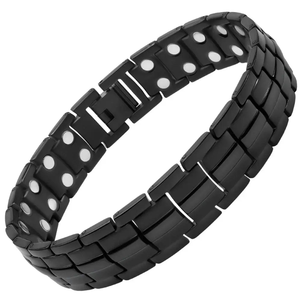 Black ultra strength neodymium magnetic therapy bracelet with sleek interlocking links and embedded white circular magnets