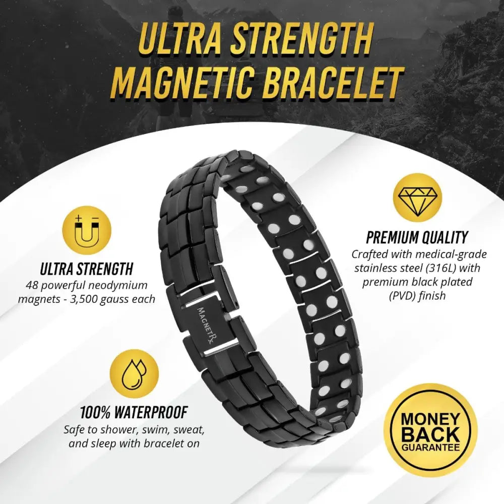 Black pvd-plated ultra strength neodymium magnetic therapy bracelet with 48 magnets for pain relief and wellness