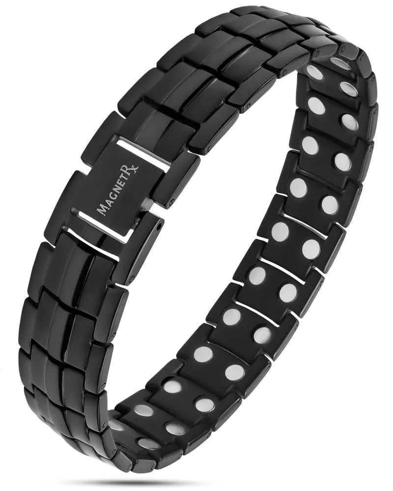 Black ultra strength neodymium magnetic therapy bracelet with sleek interlocking links and embedded white circular magnets