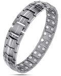 Silver-toned Magnetrx Ultra Strength Gunmetal magnetic therapy bracelet with interlocking links and branded clasp
