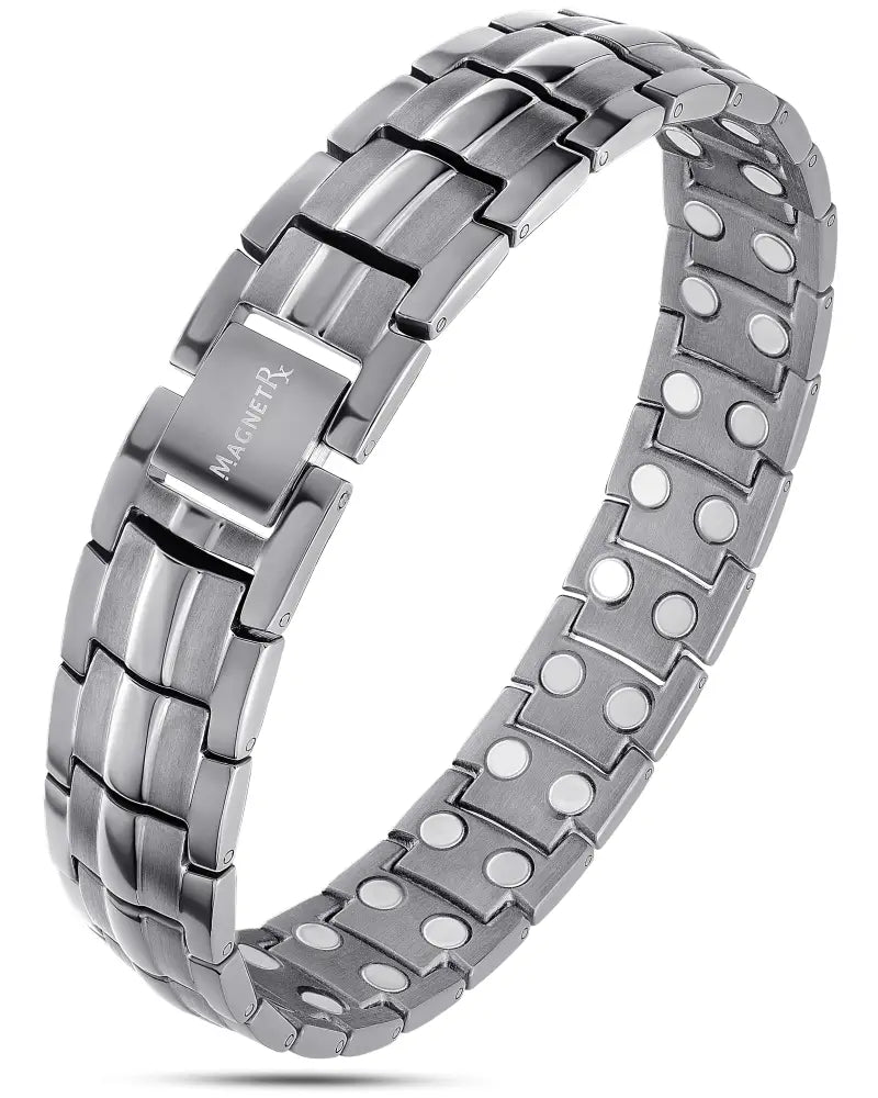 Silver-toned Magnetrx Ultra Strength Gunmetal magnetic therapy bracelet with interlocking links and branded clasp