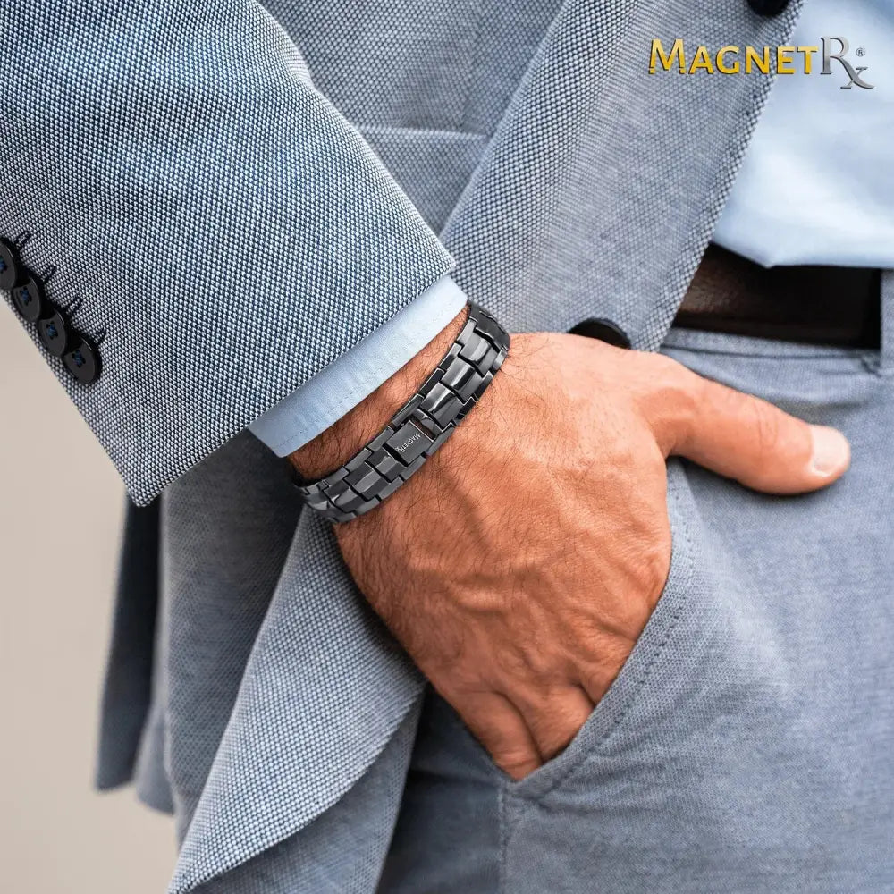 Magnetrx ultra strength gunmetal magnetic therapy bracelet black magnetic bracelet with sleek segmented design on wrist