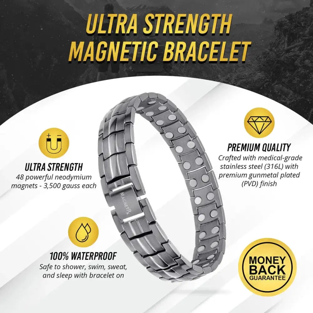 Magnetrx ultra strength gunmetal magnetic therapy bracelet made of gunmetal-plated stainless steel with 48 neodymium magnets and interlocking link design