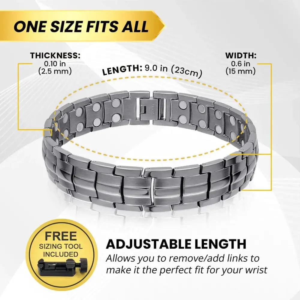 Silver-toned gunmetal magnetic therapy bracelet with interlocking links and circular magnets by Magnetrx Ultra Strength