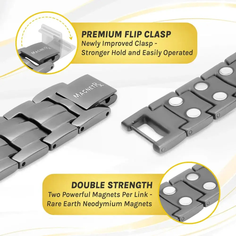 Gray metallic magnetic therapy bracelet with neodymium magnets per link and engraved magnetrx logo on premium clasp