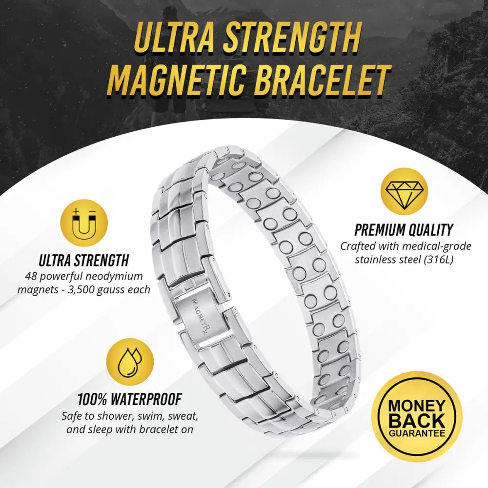 Ultra strength silver magnetic stainless steel link bracelet with interlocking links and neodymium magnets