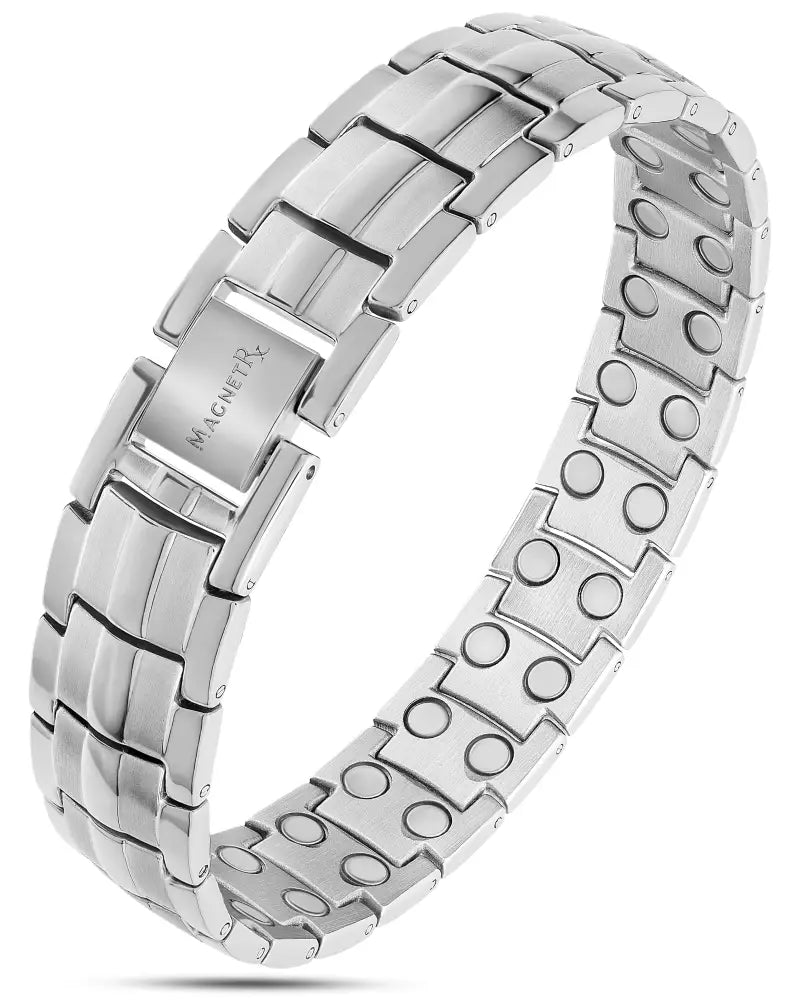 Ultra strength silver magnetic stainless steel link bracelet with interlocking metallic links and embedded circular magnets
