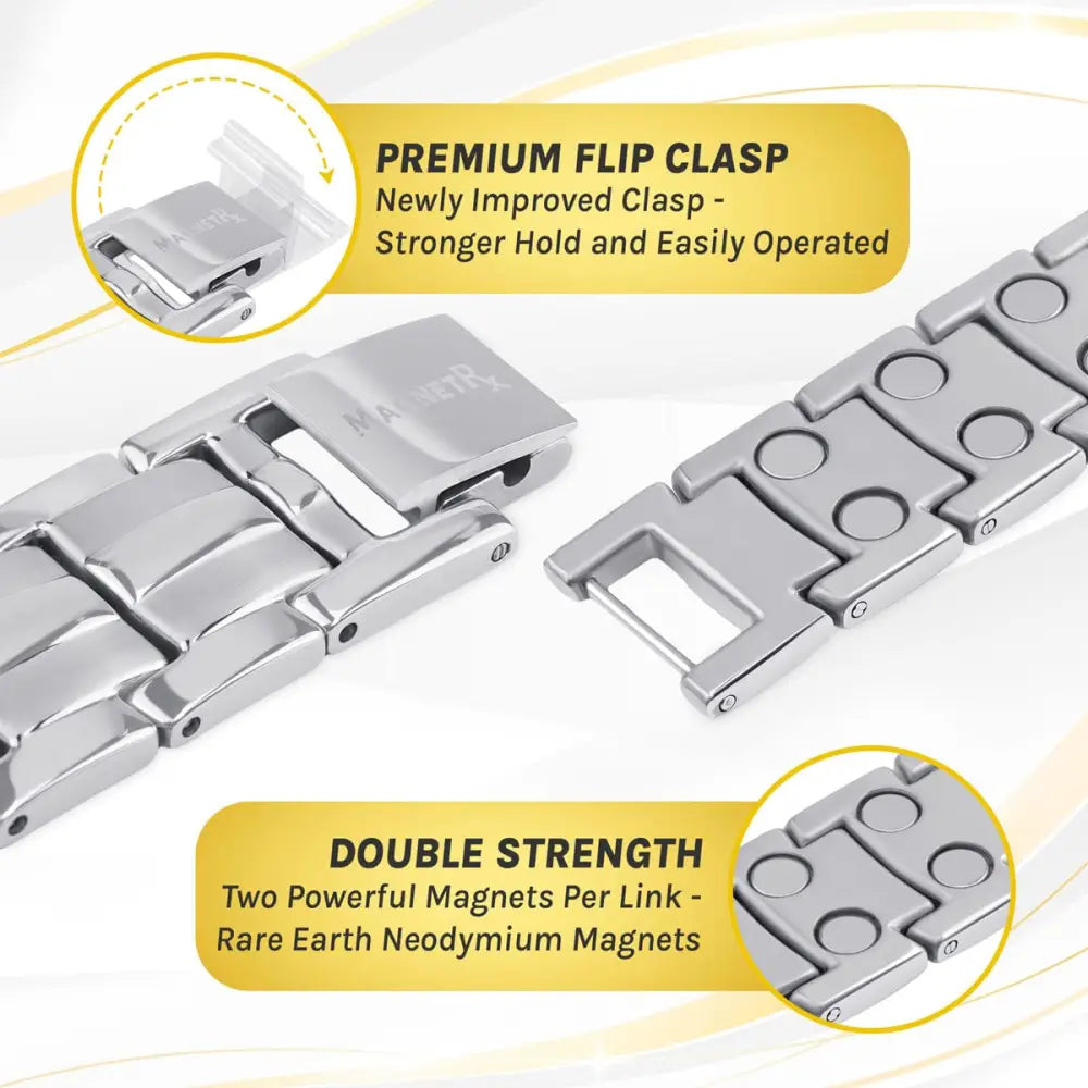 Ultra strength silver magnetic stainless steel link bracelet with premium flip clasp and rare earth neodymium magnets
