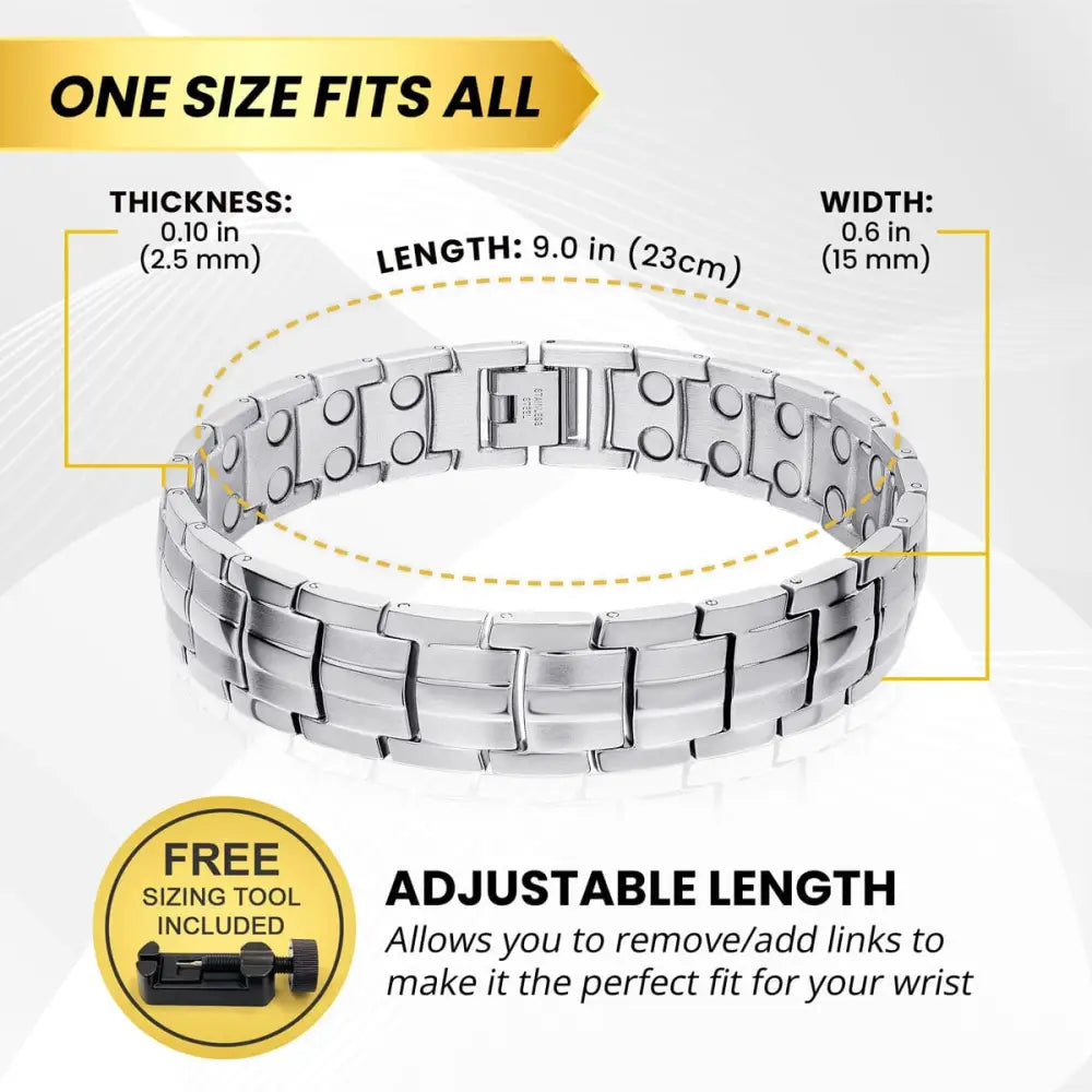 Ultra strength silver magnetic stainless steel link bracelet with interlocking links and adjustable circular magnets
