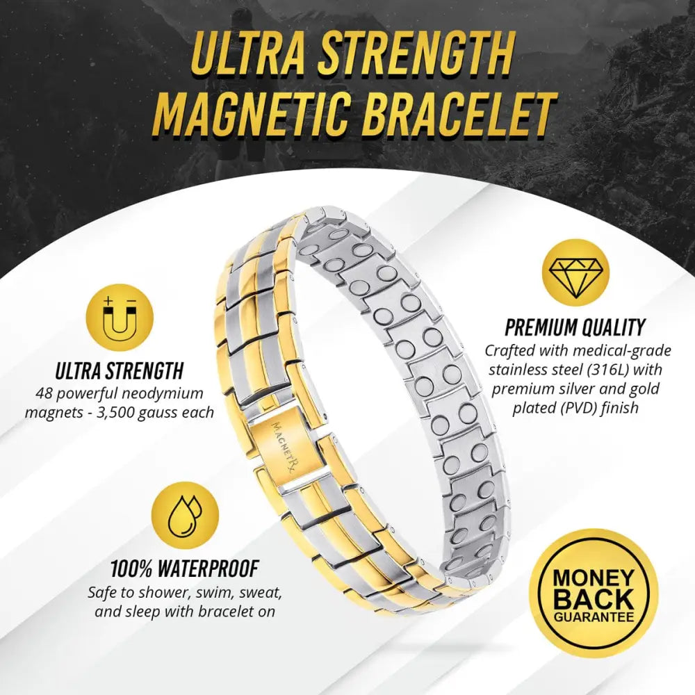 A sleek two-tone silver and gold-plated stainless steel magnetic therapy bracelet with 48 neodymium magnets by Magnetrx