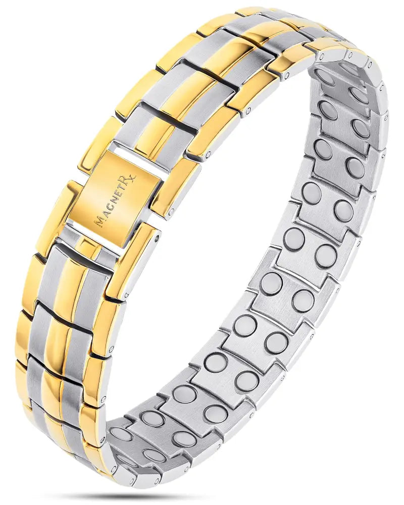 Magnetrx two tone ultra strength magnetic therapy bracelet with two-tone gold and silver links and circular magnets