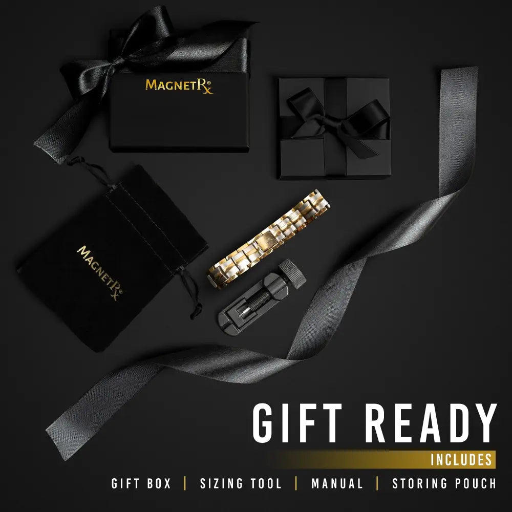Gold-toned magnetic therapy bracelet with sleek interlocking link design from Magnetrx two tone ultra strength collection