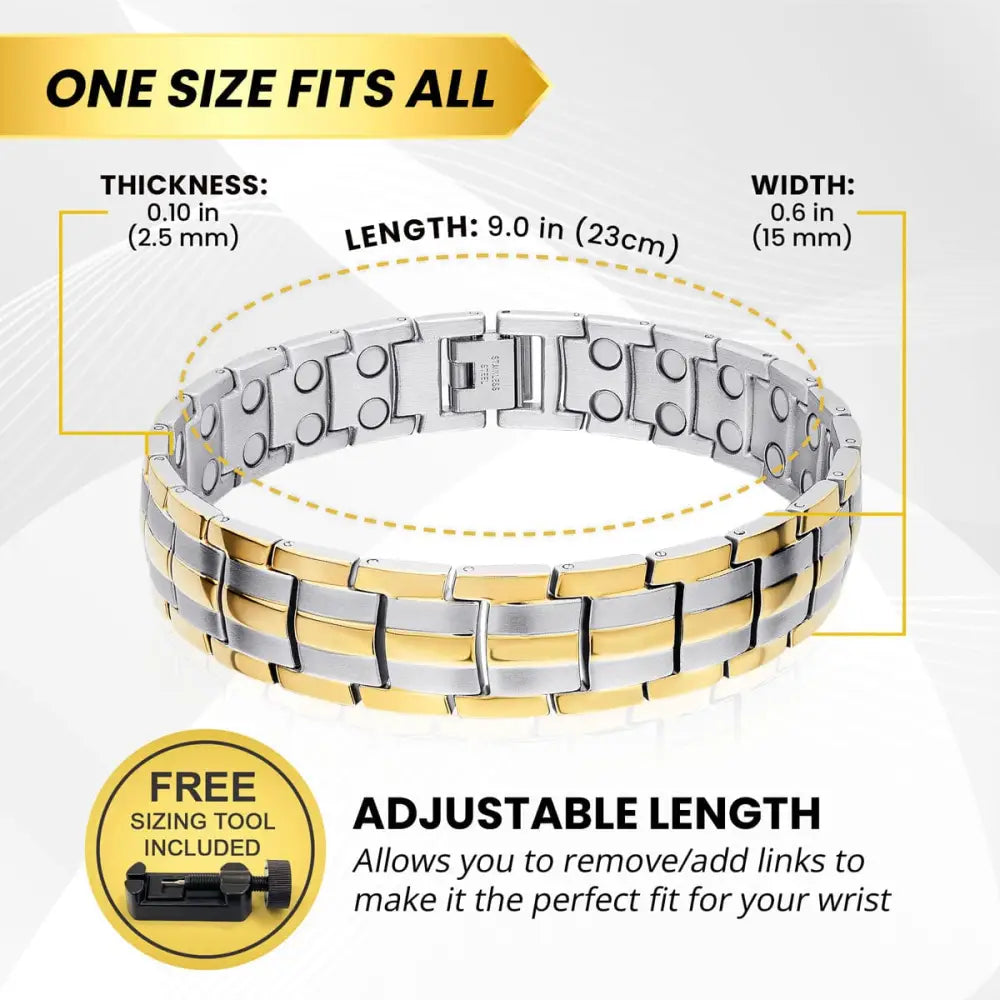Magnetrx two tone ultra strength magnetic therapy bracelet with alternating silver and gold stainless steel links