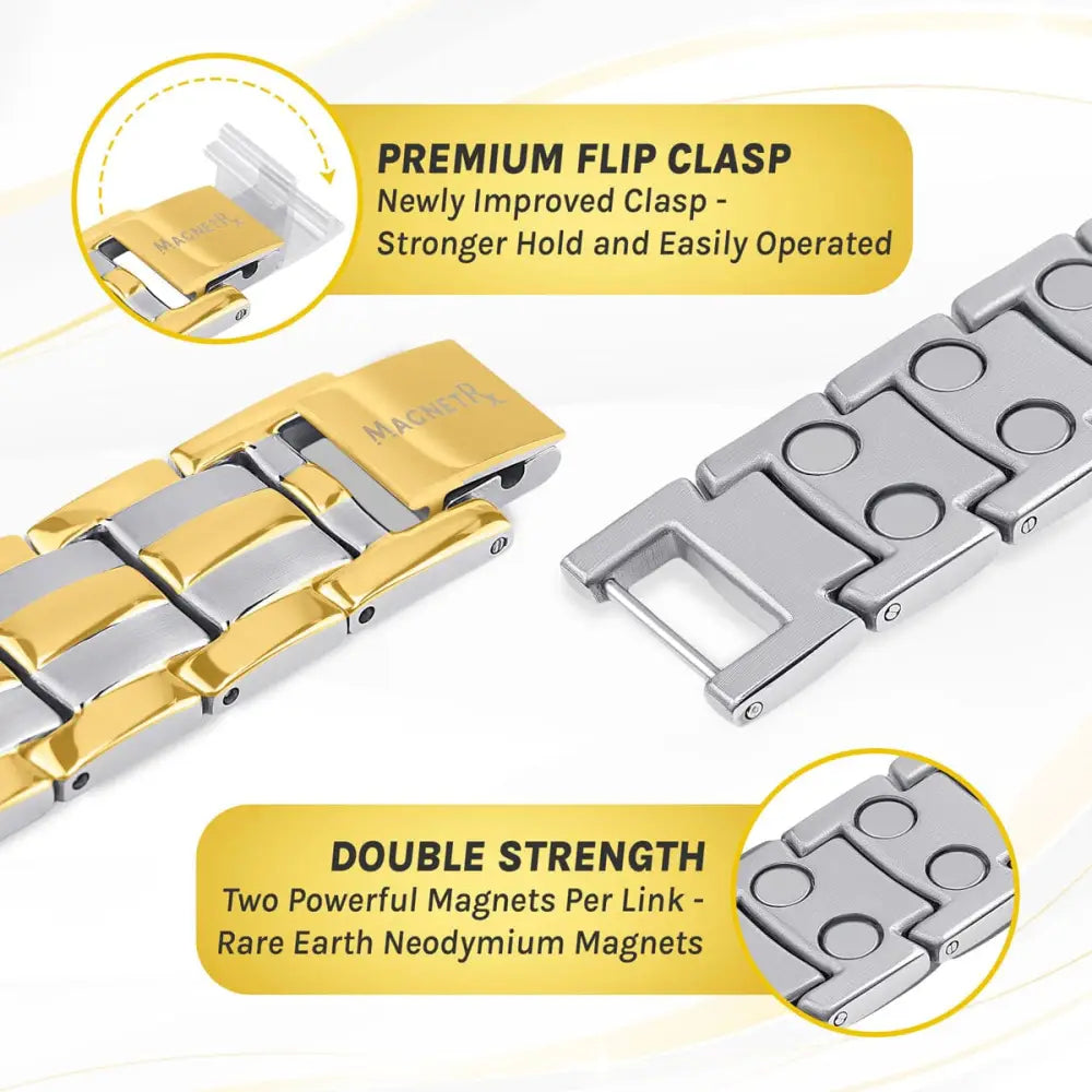 Magnetrx two tone magnetic therapy bracelet with gold and silver stainless steel links and premium flip clasp