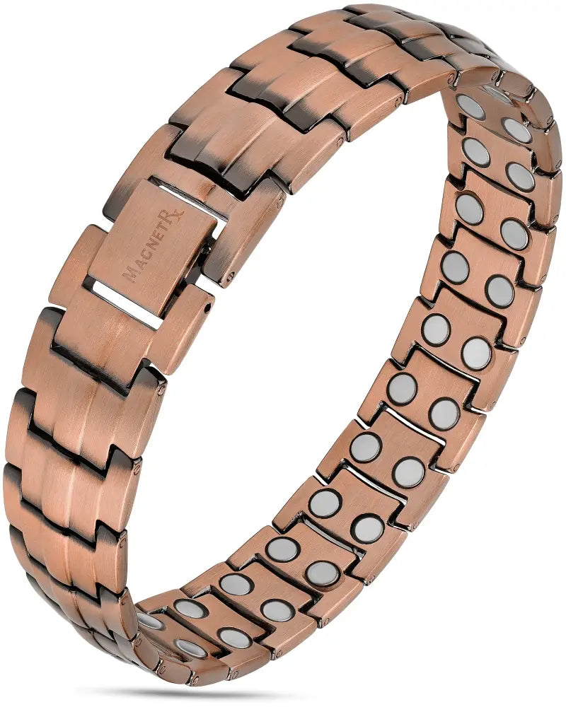 Rose gold pure copper magnetic therapy bracelet with interlocking links and embedded circular magnets
