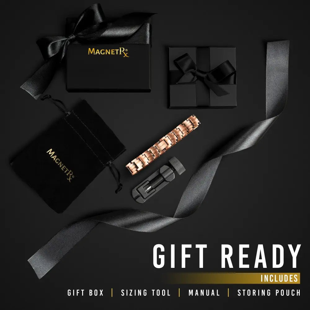 Rose gold pure copper magnetic therapy bracelet with interlocking links and matching sizing tool displayed