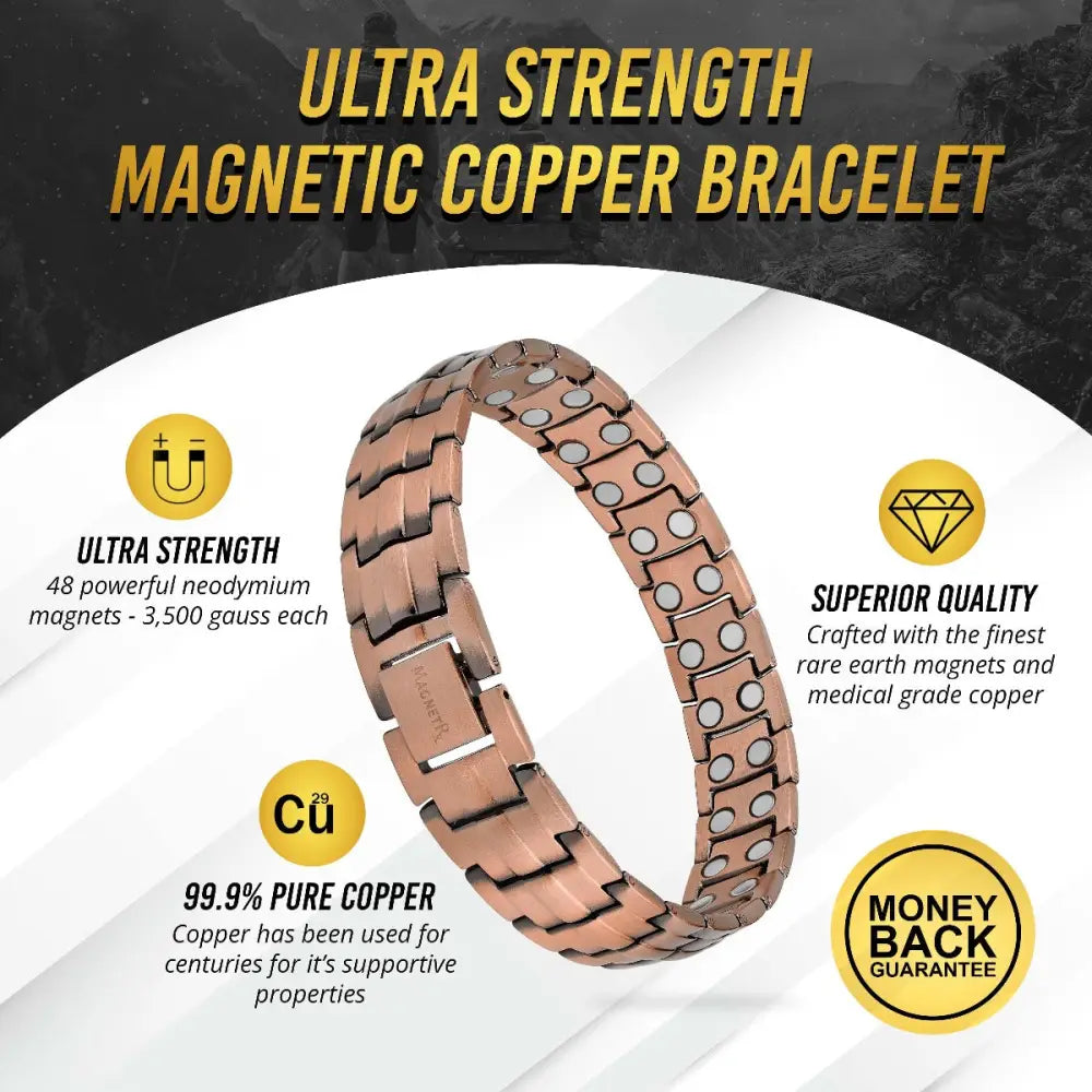 Rose gold pure copper magnetic therapy bracelet with segmented interlocking design and embedded neodymium magnets