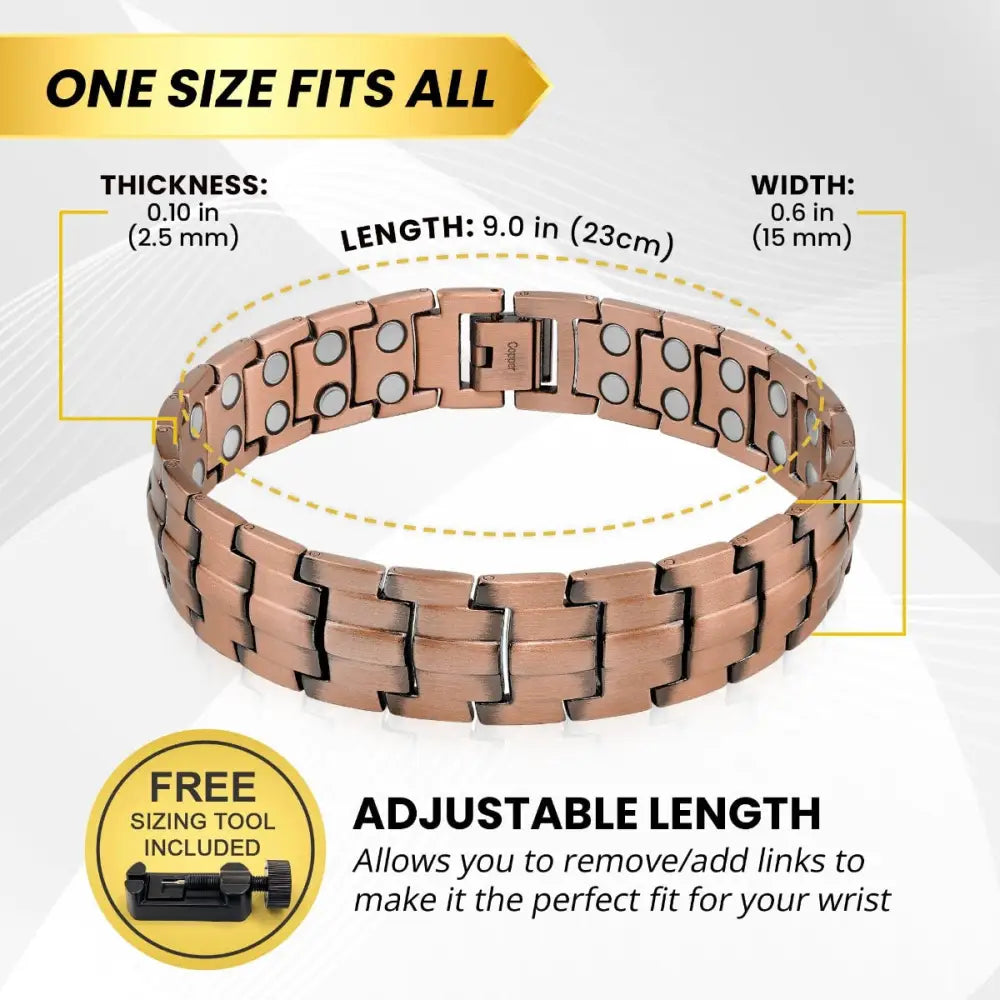 Rose gold pure copper magnetic therapy bracelet with interlocking links and embedded circular magnets