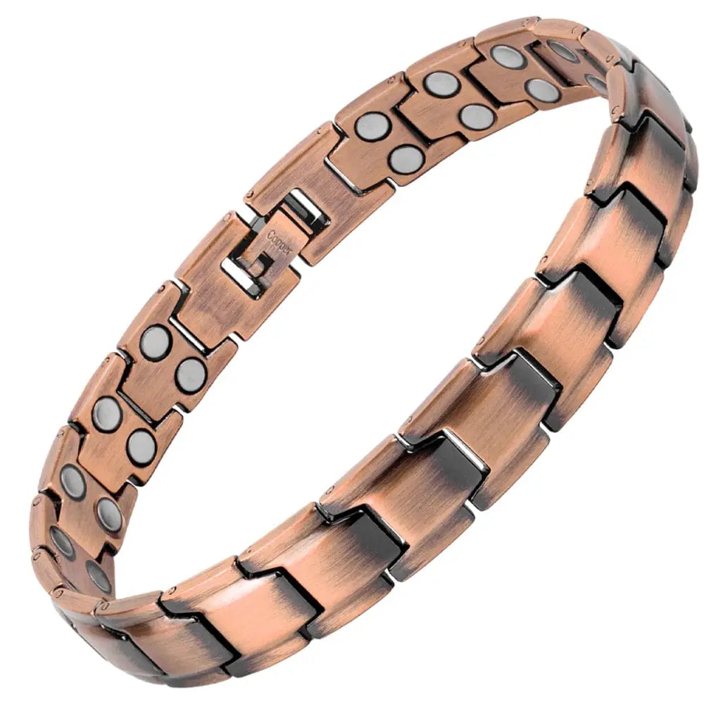 Leo ultra strength rose gold magnetic copper bracelet with copper-toned interlocking metal links and circular magnets