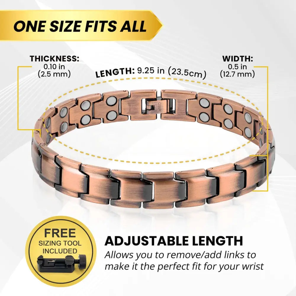 Leo ultra strength rose gold copper bracelet with copper toned interlocking links and embedded circular magnetic therapy magnets
