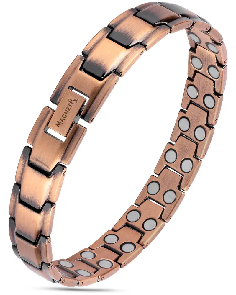 Leo ultra strength rose gold magnetic copper bracelet with copper tone black accents and circular embedded magnets