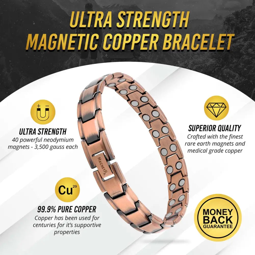 Leo ultra strength rose gold magnetic copper bracelet with interlocking links and embedded neodymium magnets