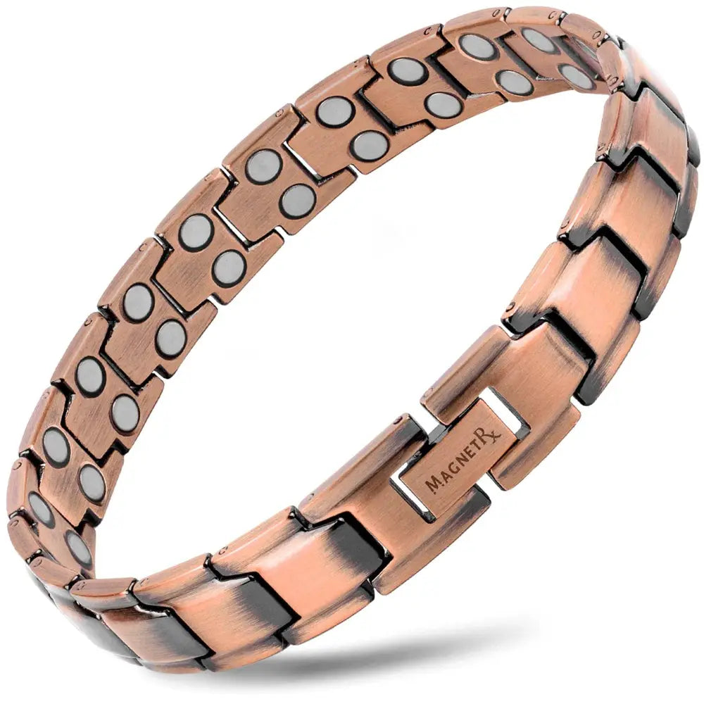 Leo Ultra Strength rose gold magnetic copper bracelet with alternating metallic links and magnetrx branded clasp