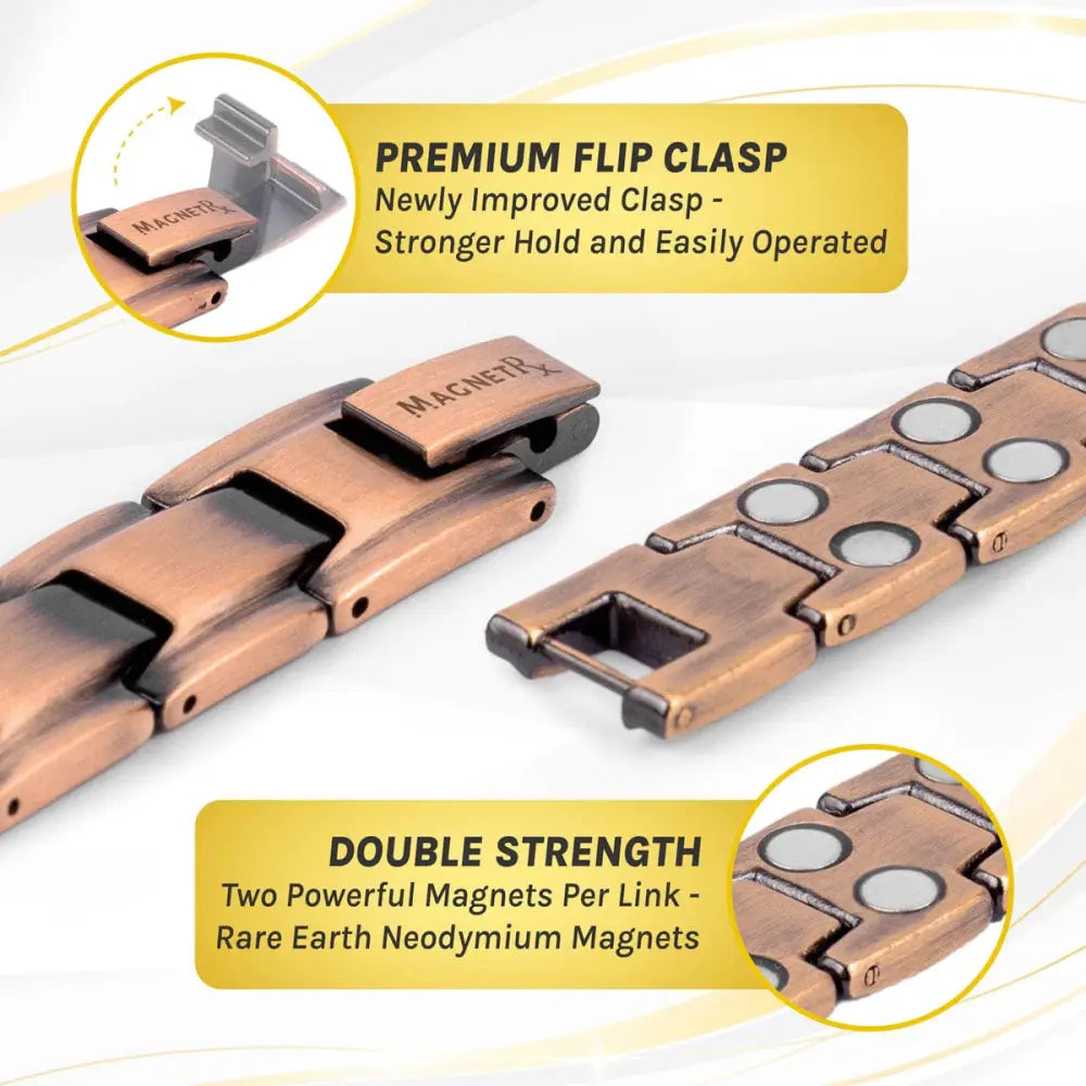 Leo ultra strength rose gold magnetic copper bracelet with interlocking links and embedded rare earth neodymium magnets