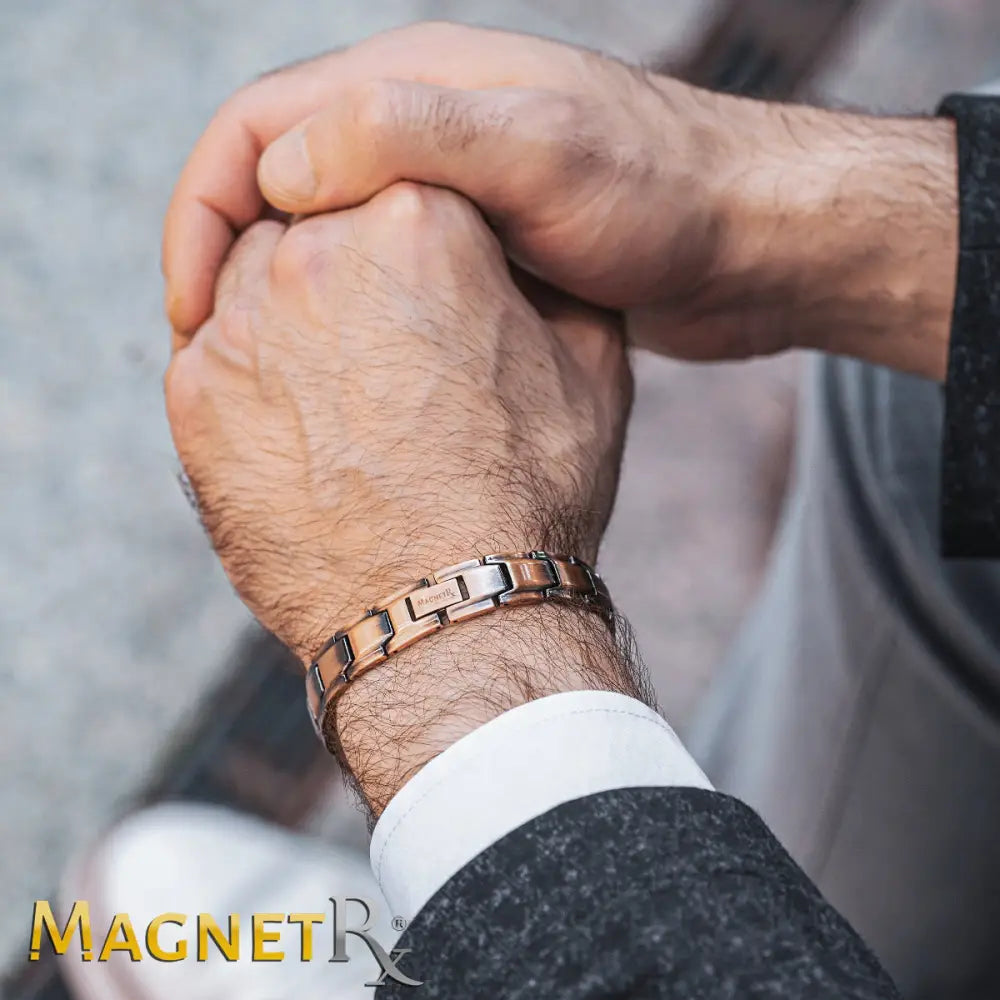 Leo ultra strength rose gold magnetic copper bracelet with sleek interlocking link design in rose gold and black