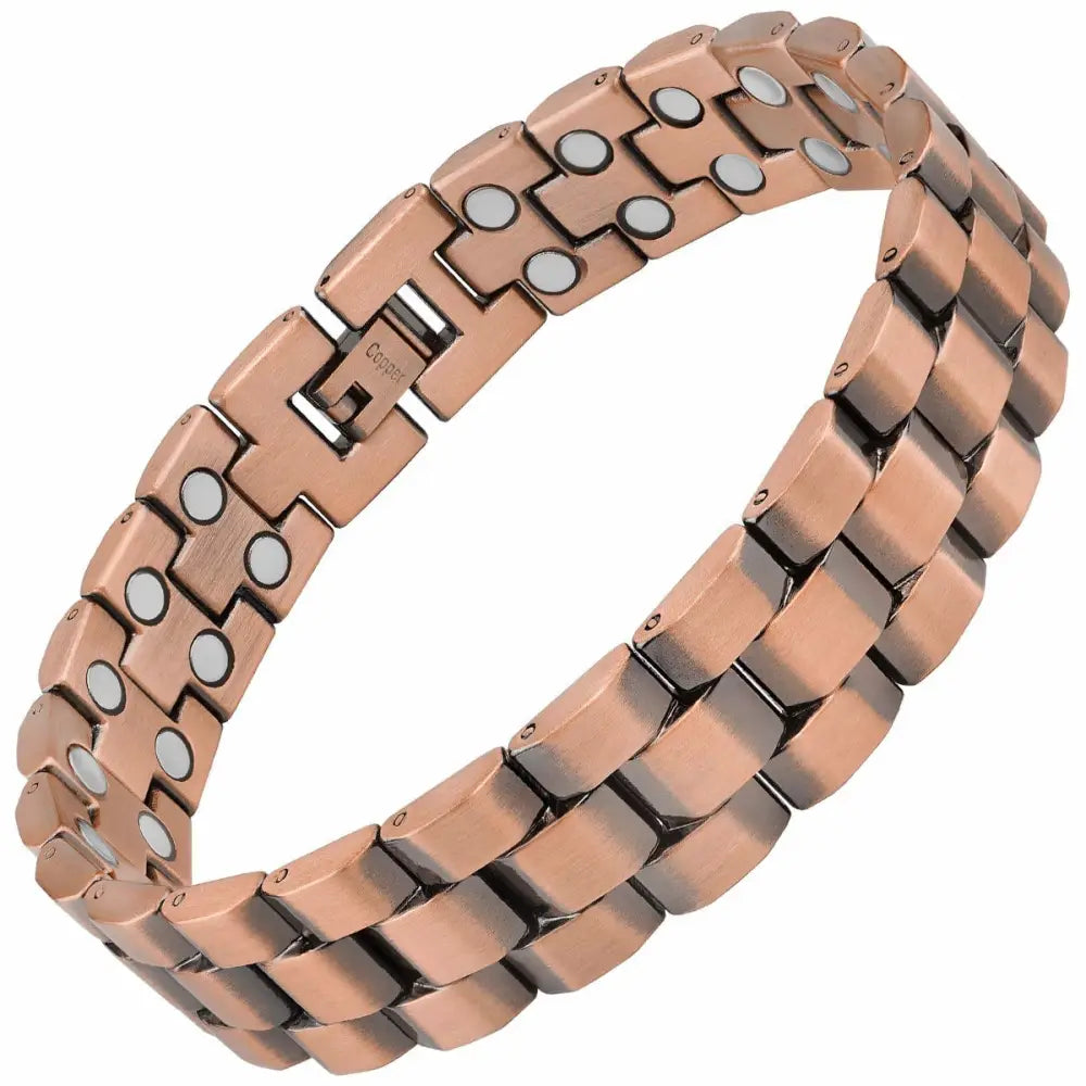 Rose gold ultra strength pure copper magnetic therapy bracelet with interlocking links and circular white magnets