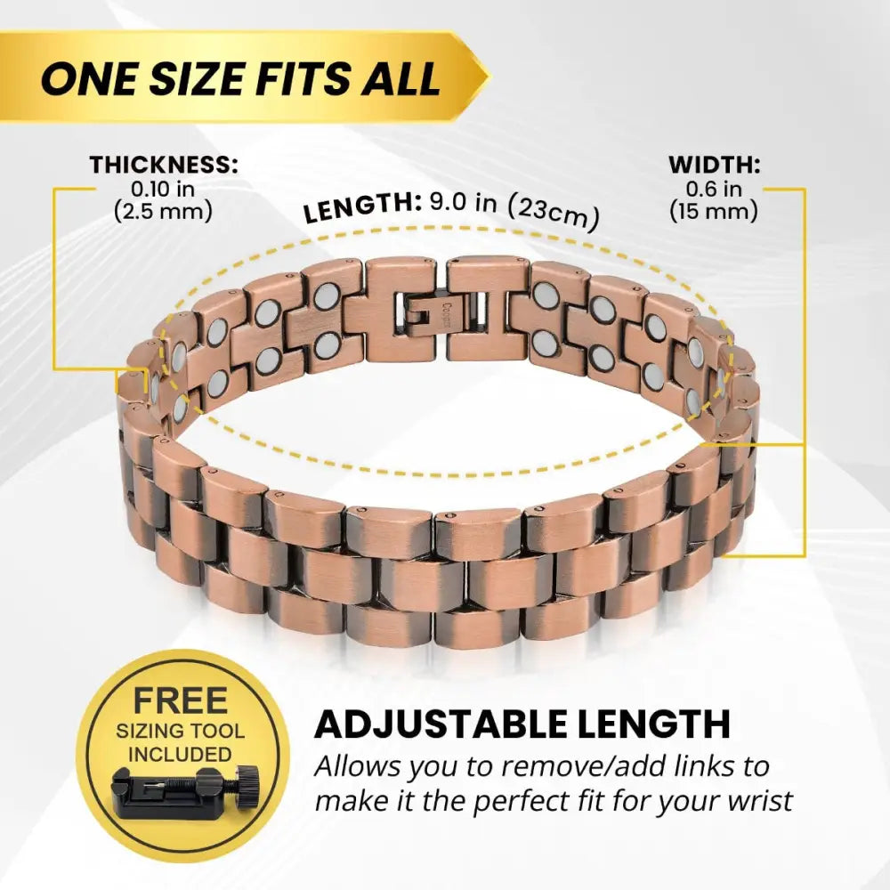 Rose gold ultra strength pure copper magnetic therapy bracelet with interlocking rectangular links and circular magnets