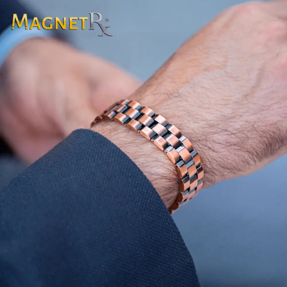 Rose gold and black two tone magnetic therapy bracelet with sleek interlocking links made of pure copper for ultra strength