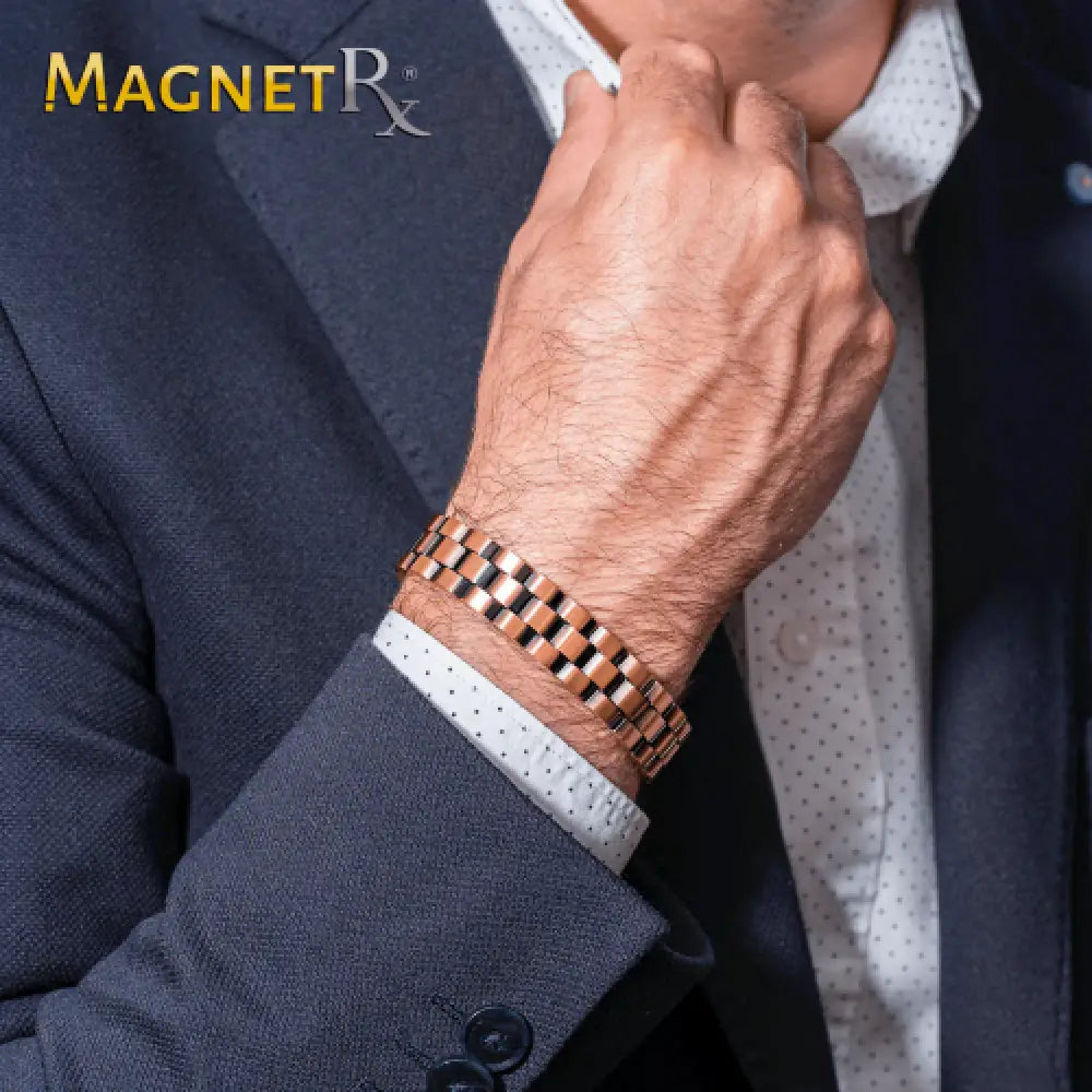 A sleek rose gold and black checkered rose gold ultra strength pure copper magnetic therapy bracelet from magnetrx