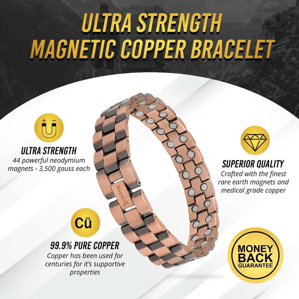 Rose gold ultra strength pure copper magnetic therapy bracelet with 44 powerful neodymium magnets in each link