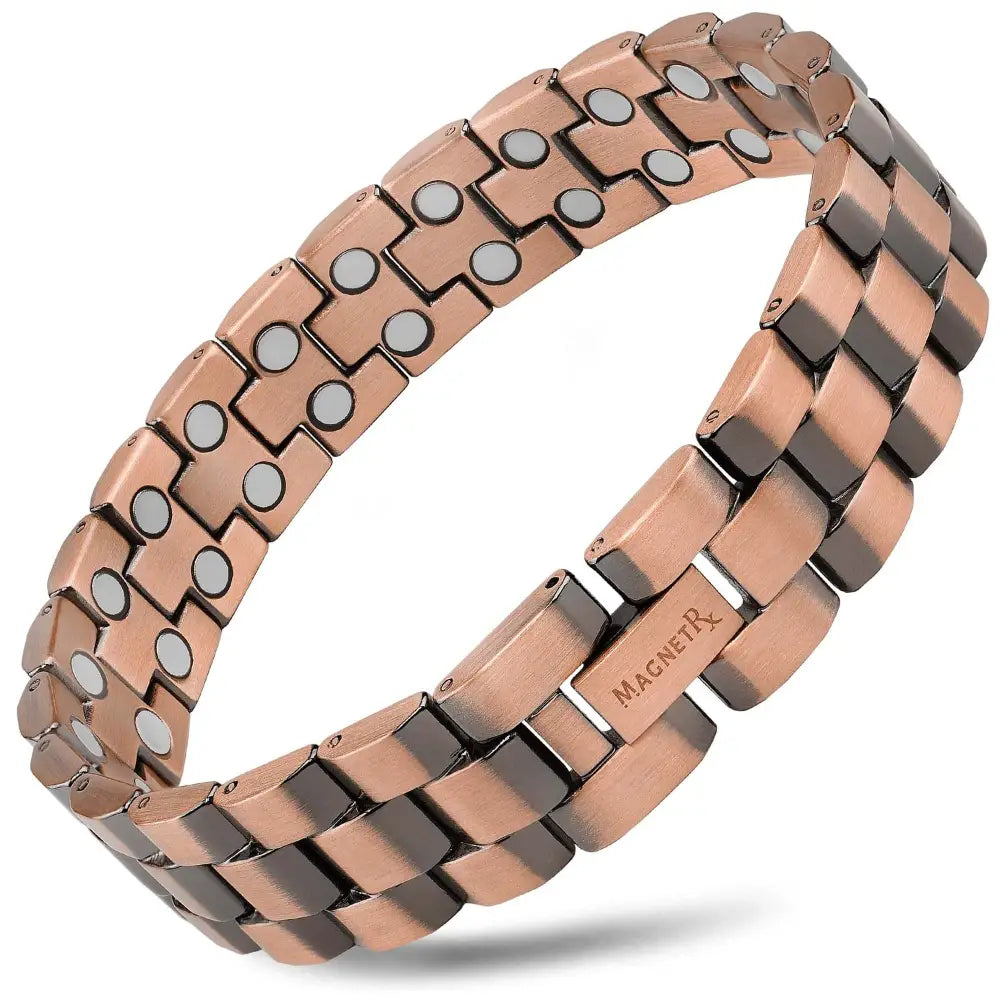 Rose gold ultra strength pure copper magnetic therapy bracelet with interlocking rectangular links and circular magnets