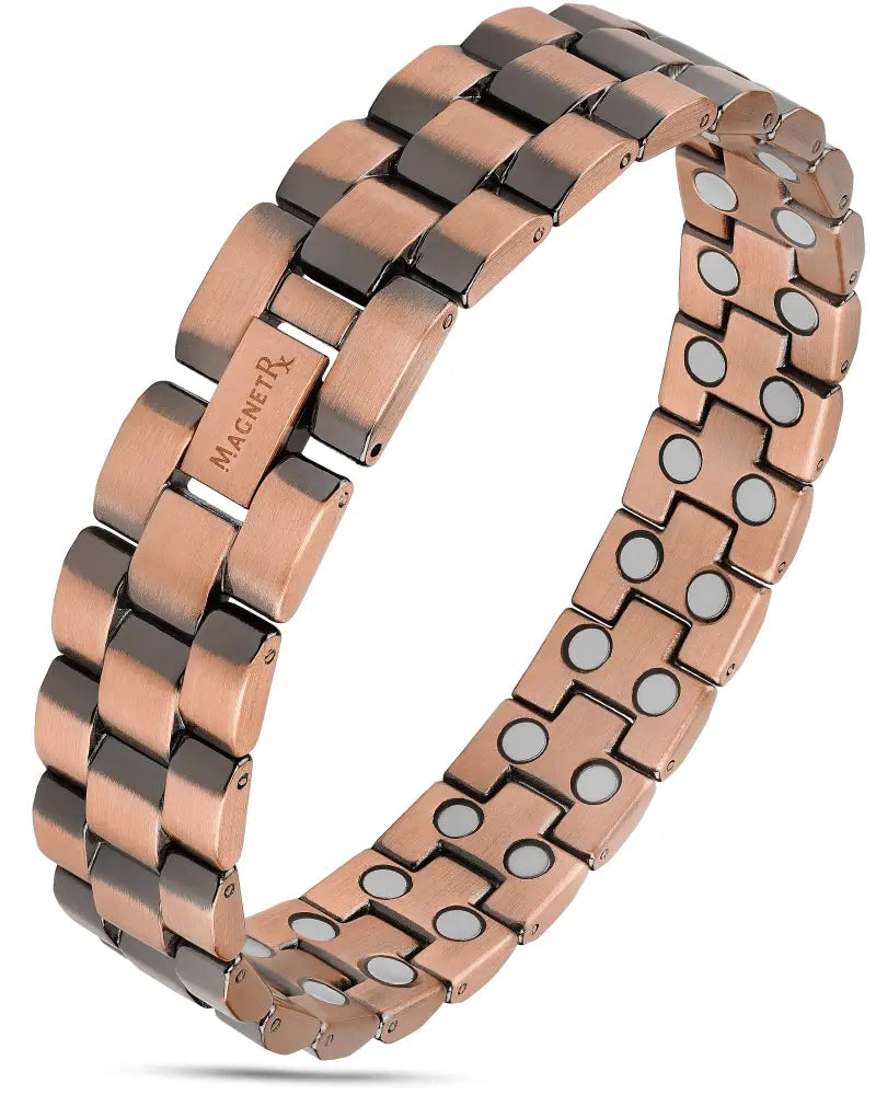 Rose gold ultra strength pure copper magnetic therapy bracelet with alternating dark and light metallic links featuring circular magnets