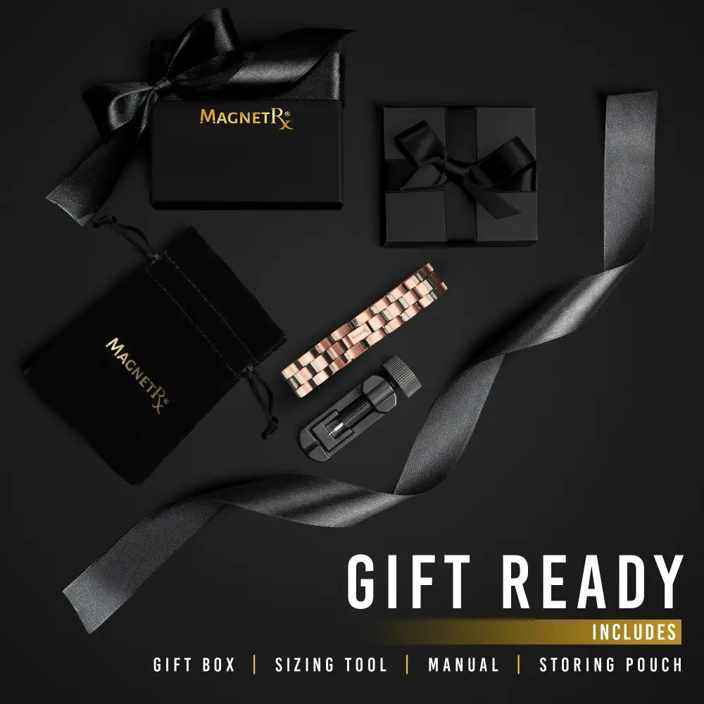 Rose gold ultra strength pure copper magnetic therapy bracelet with interlocking square links and matching sizing tool