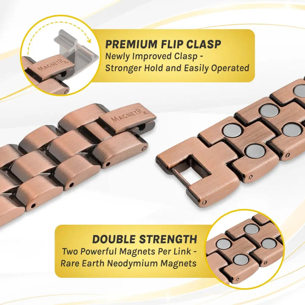 Rose gold ultra strength pure copper magnetic therapy bracelet with copper-toned magnetic watch bracelet and premium flip clasp