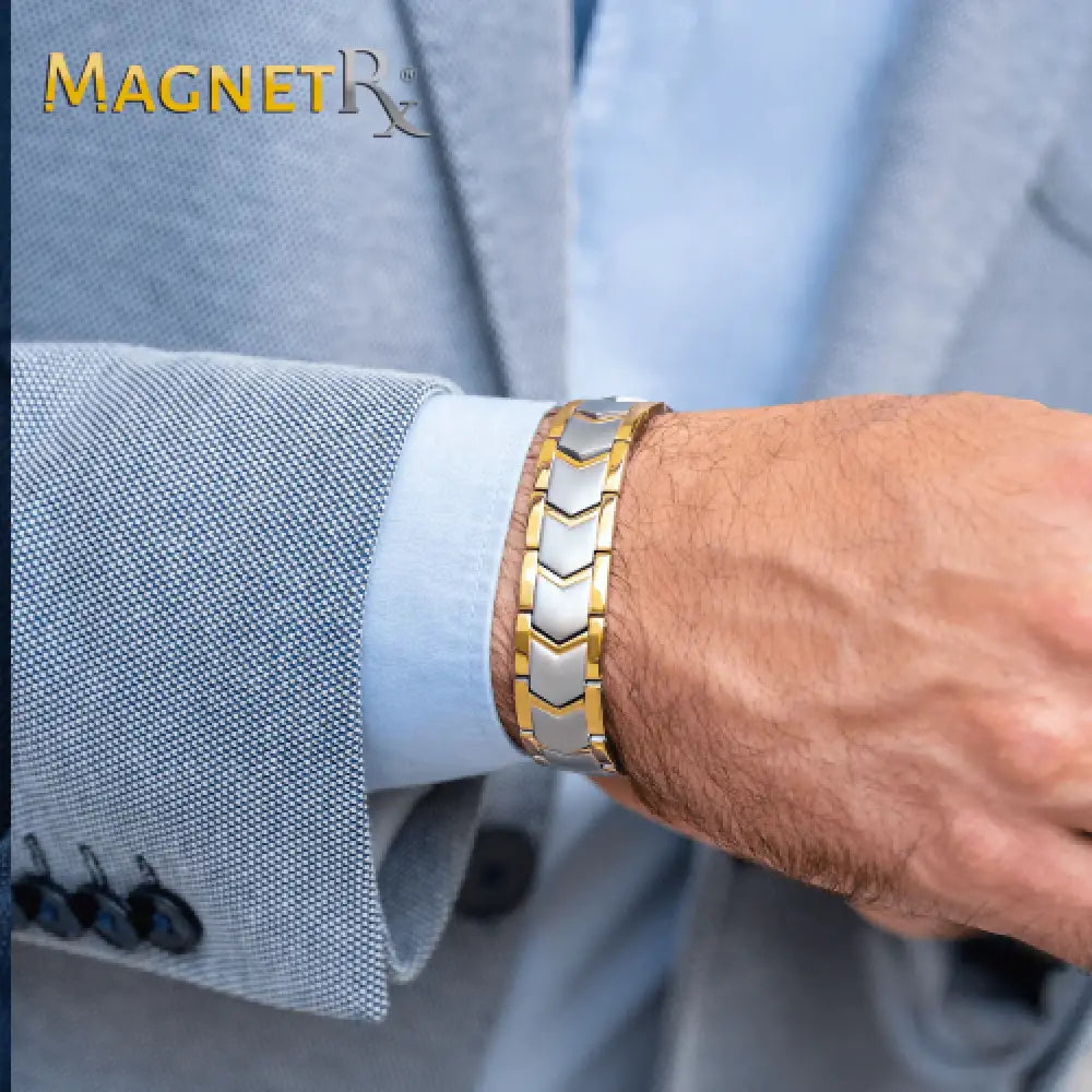 Two tone gold and silver stainless steel hexagonal magnetic therapy bracelet with sleek interlocking chevron design
