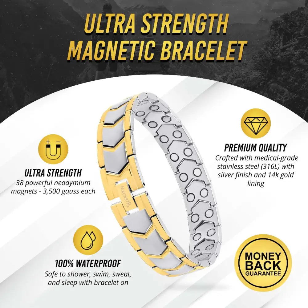 A sleek two tone hexagonal magnetic therapy bracelet in silver and gold stainless steel with medical grade quality