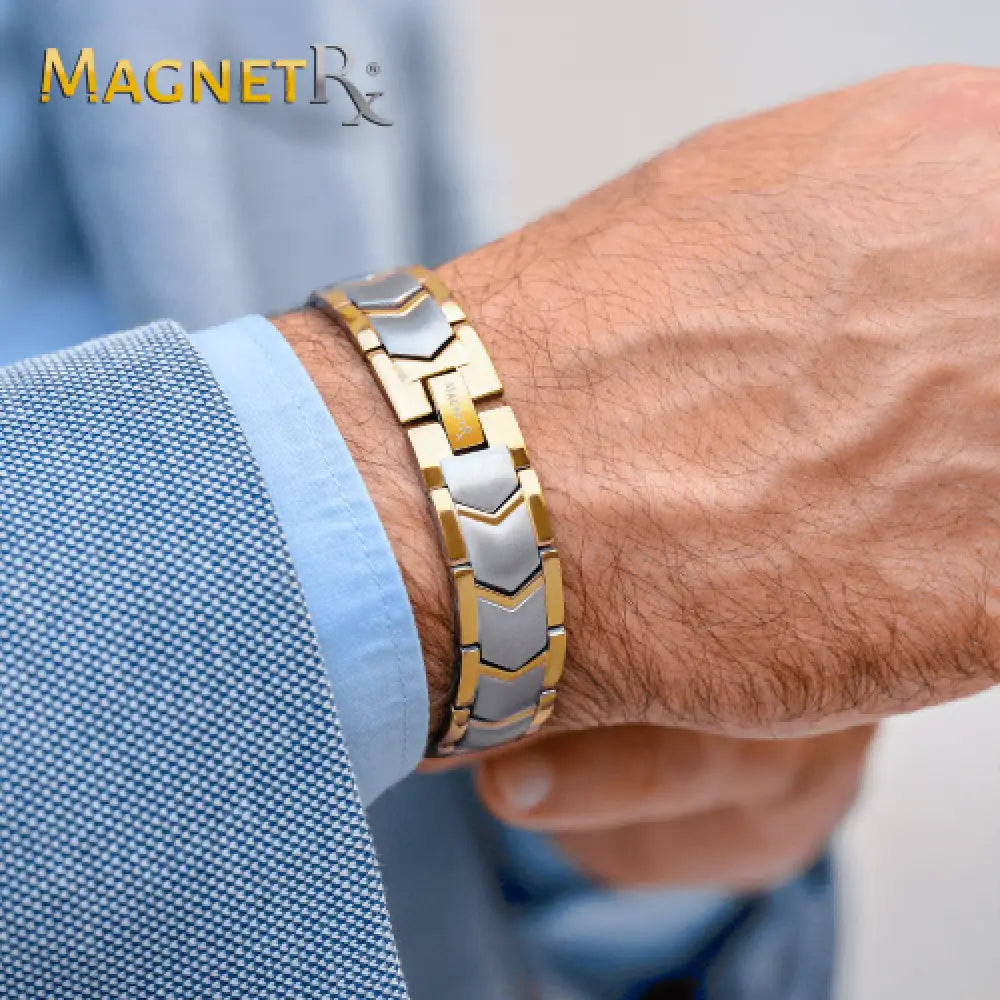 Two tone hexagonal magnetic therapy bracelet in stainless steel with sleek alternating gold and silver geometric links