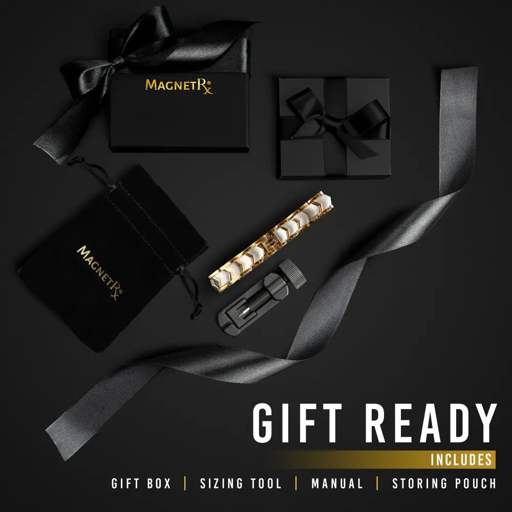 Two tone hexagonal magnetic therapy bracelet in stainless steel with gold tone ceramic beads and black sizing tool included