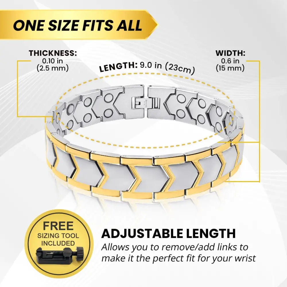 Two tone hexagonal magnetic therapy bracelet in stainless steel featuring silver and gold interlocking links