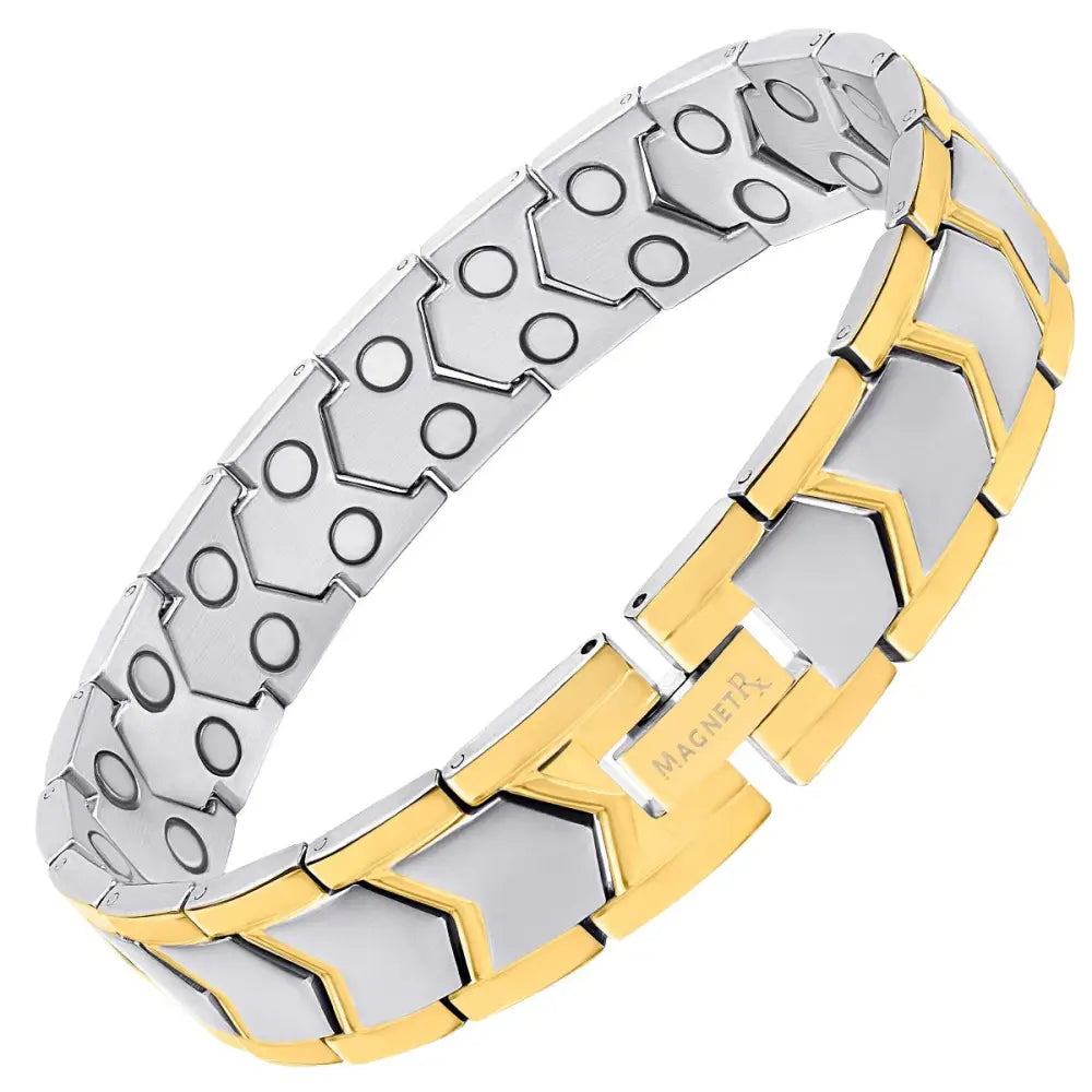 Two tone hexagonal magnetic therapy bracelet in stainless steel featuring silver and gold-toned interlocking links