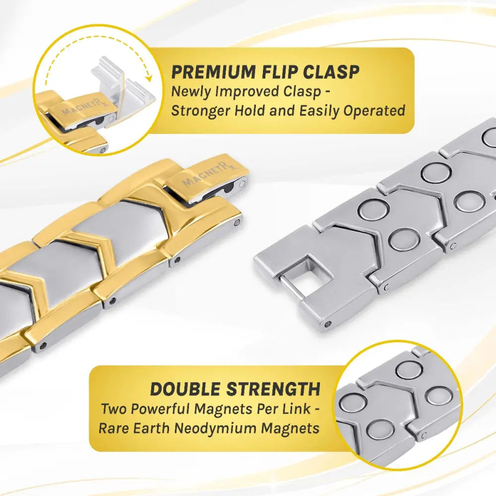 Two tone hexagonal magnetic therapy bracelet in gold and silver stainless steel with premium flip clasp design