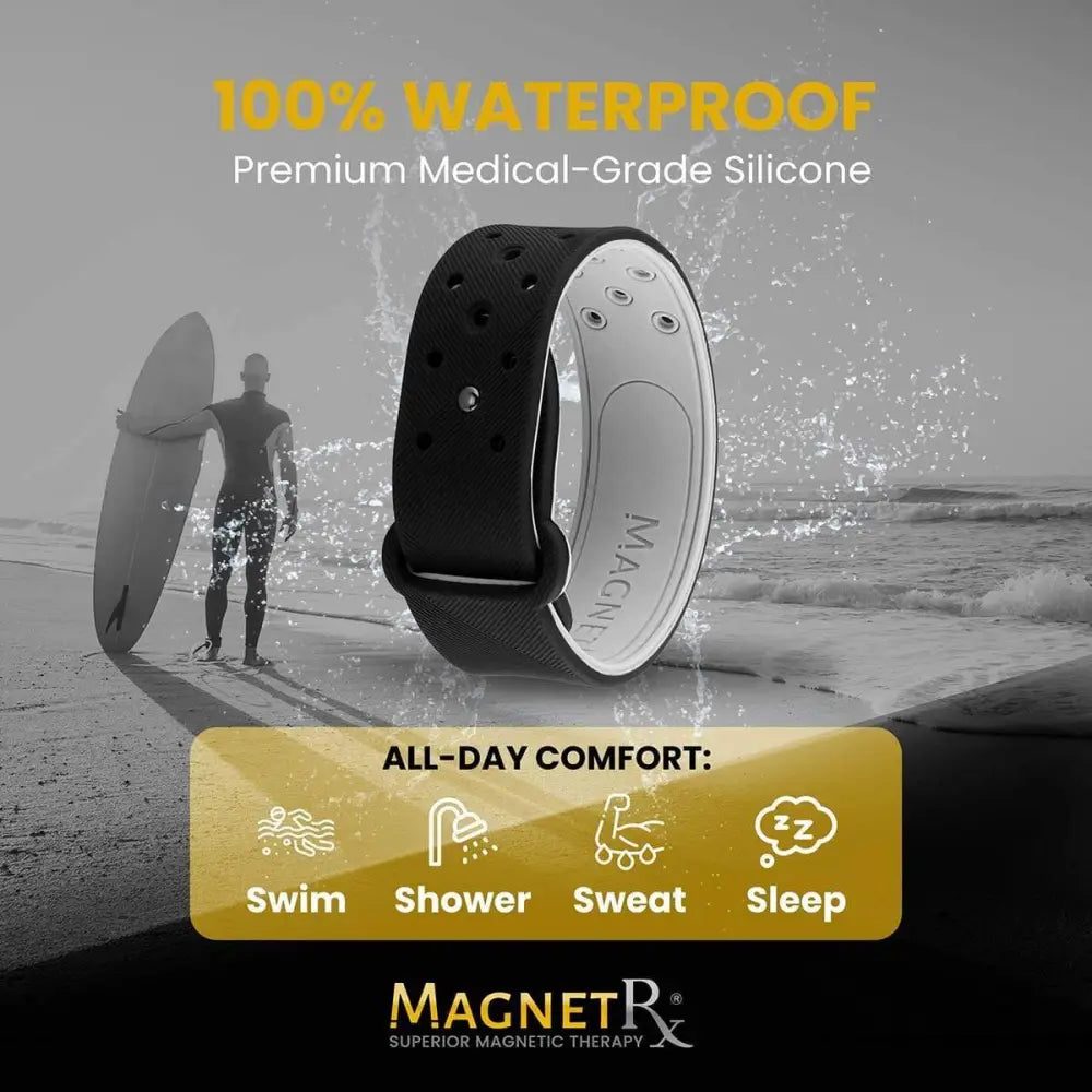 Black and white silicone sports bracelet with magnetic closure designed for all-day comfort and ultra strength
