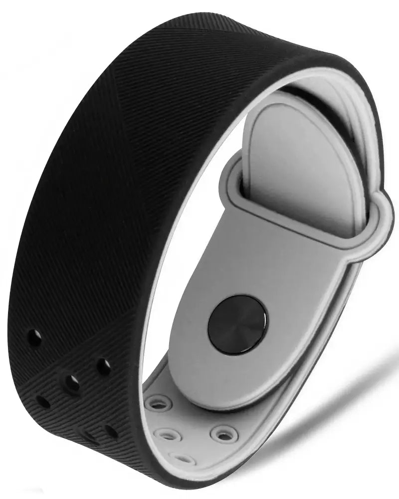 Black silicone ultra strength magnetic sports bracelet with silver clasp and ventilation holes for enhanced comfort