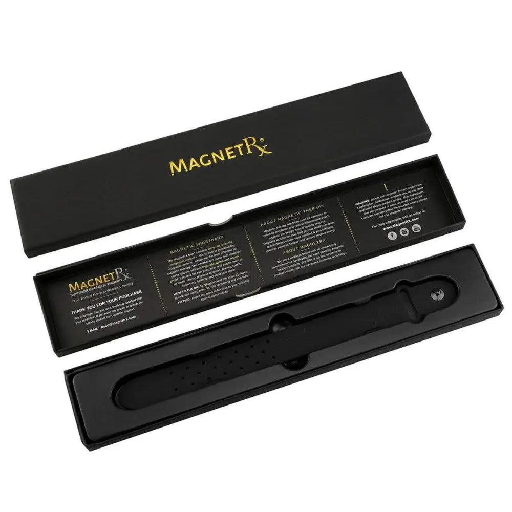 Black magnetic silicone sports bracelet with ultra strength features displayed in a sleek black box with gold lettering