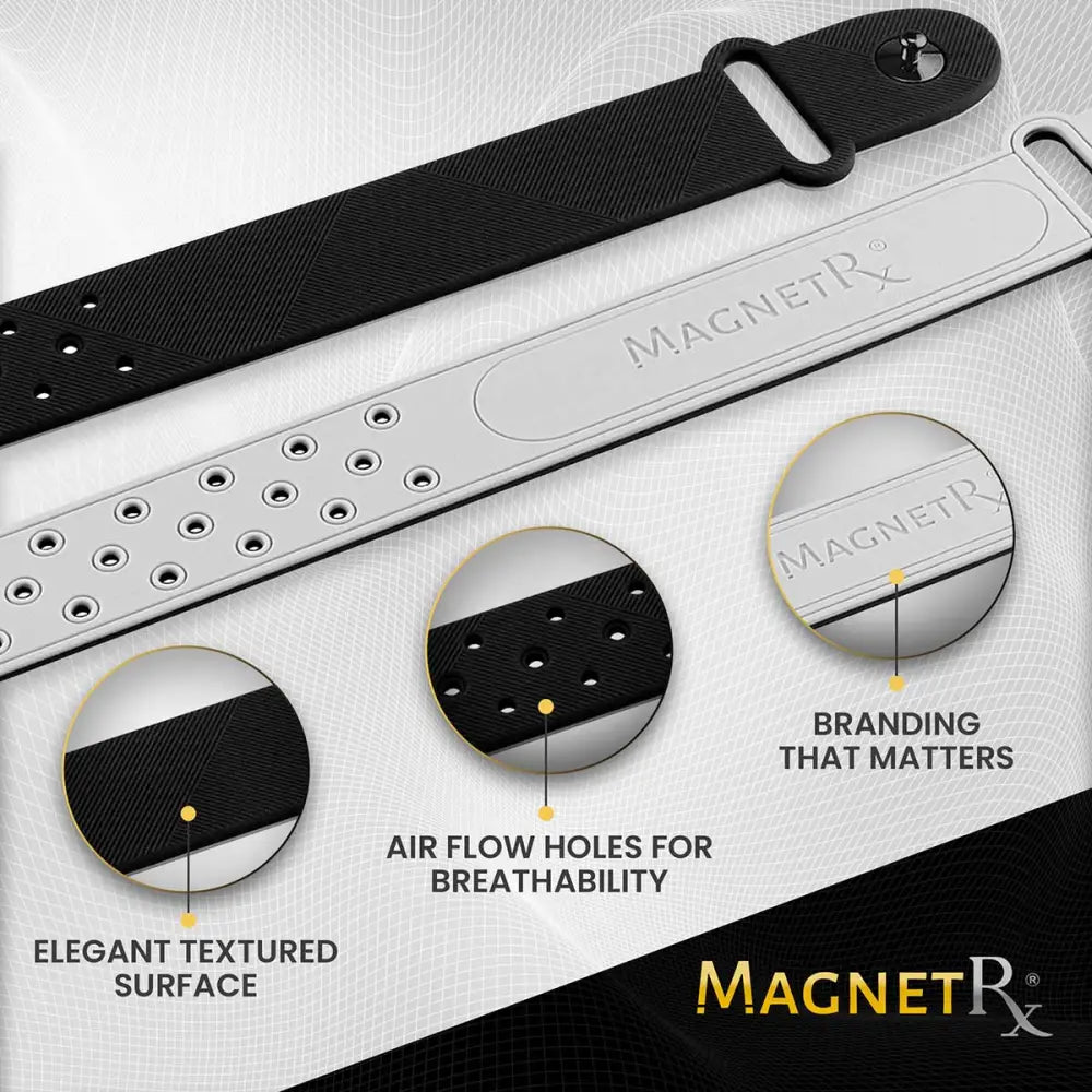 Black and silver Ultra Strength magnetic silicone sports bracelet with textured surface and air flow holes for breathability