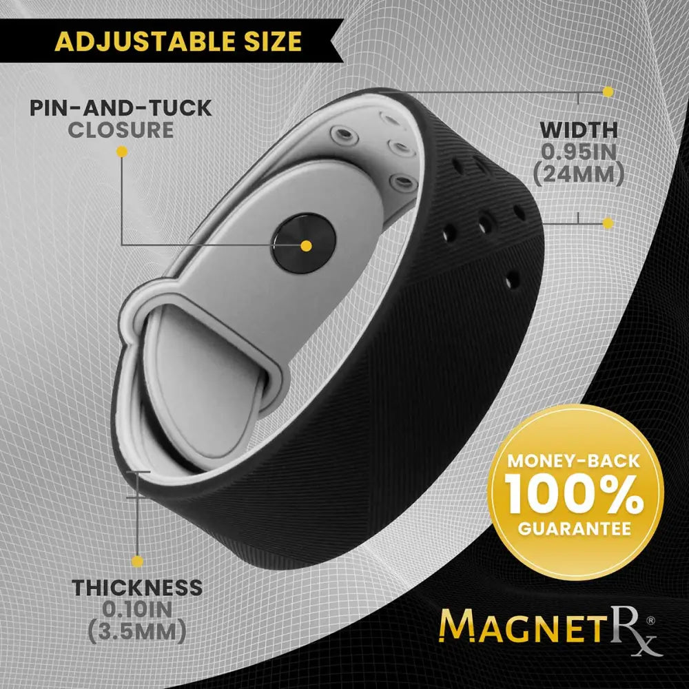 Black and silver ultra strength magnetic silicone sports bracelet with adjustable textured rubber strap and pin-and-tuck closure